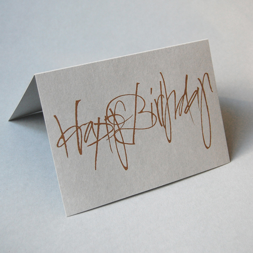 Happy Birthday, calligraphy - greeting cards, grey board with golden printing