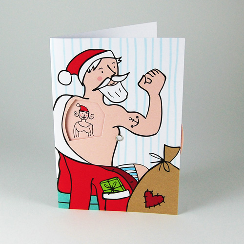Santa Claus and his tattoos. Eco-Friendly Christmas Cards with rotating disc