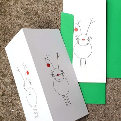 Christmas Cards with green envelopes: masked Rudolph